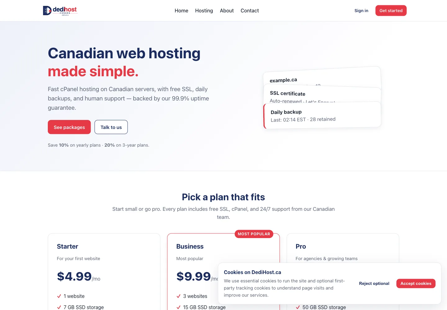 DediHost hosting website showing its current plans and services